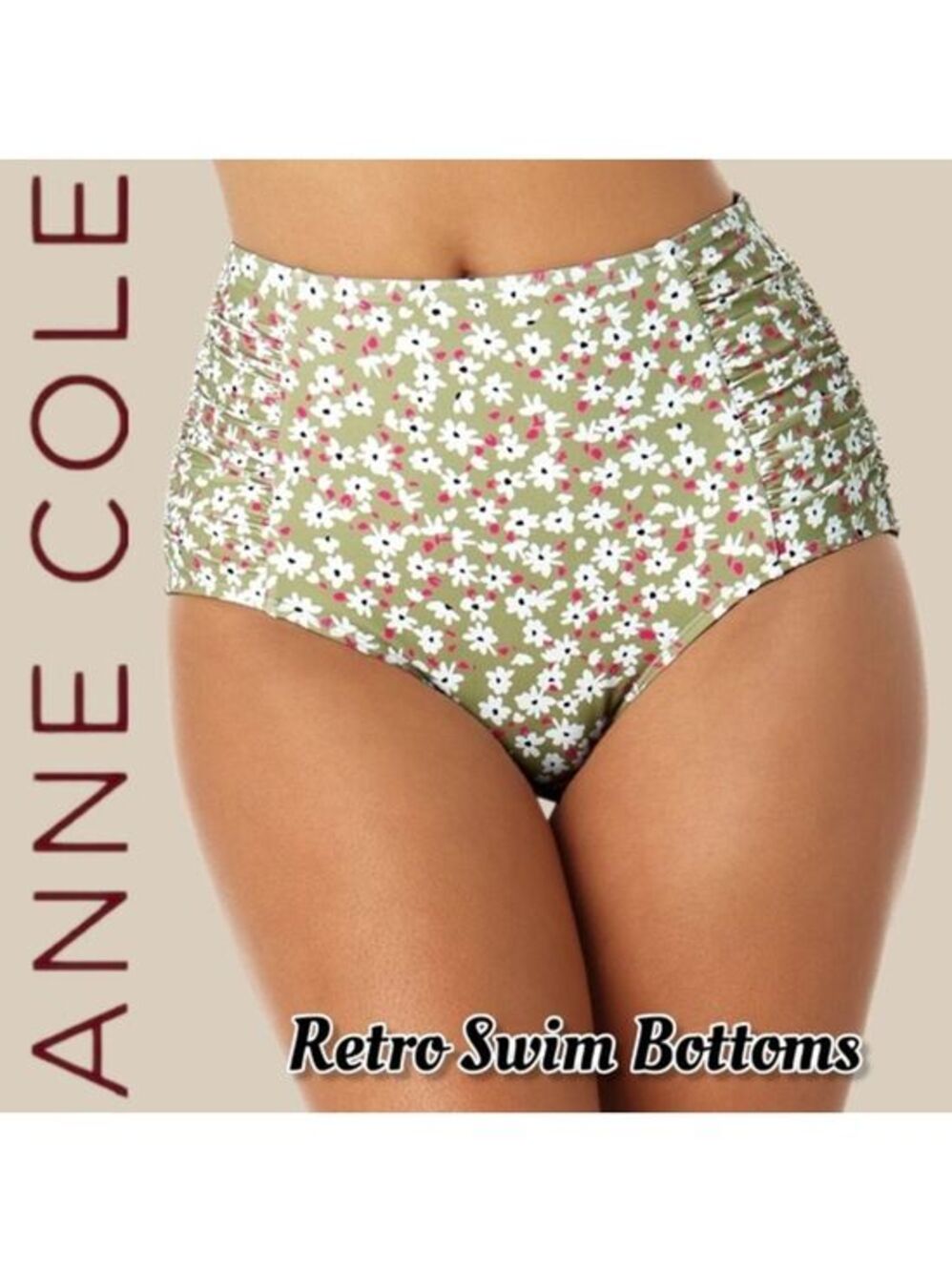 ANNE COLE Retro Shirred High Waist Tummy Control Bikini Bottom NWT/Size: LG